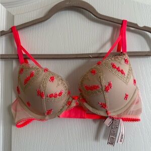 Victoria's Secret Beige Bra with Hot Pink Embroidered Accents